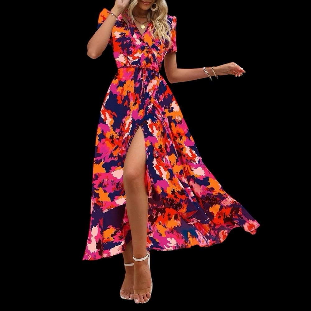 Pretty Garden Pink Blue Orange Short Sleeve Floral Wrap Maxi Dress Size‎ L  #383